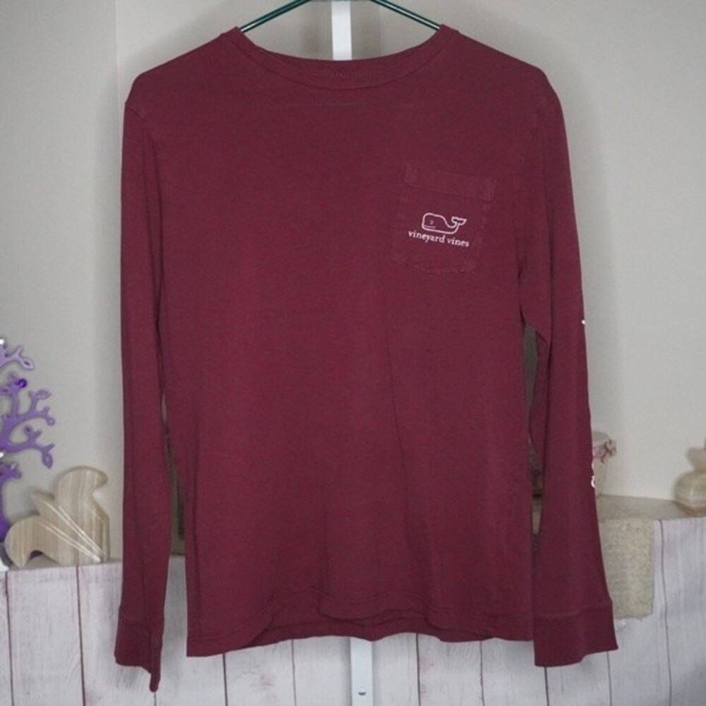 Vineyard Vines sz L 16 Kids Long Sleeve Whale Tee Maroon FLAW